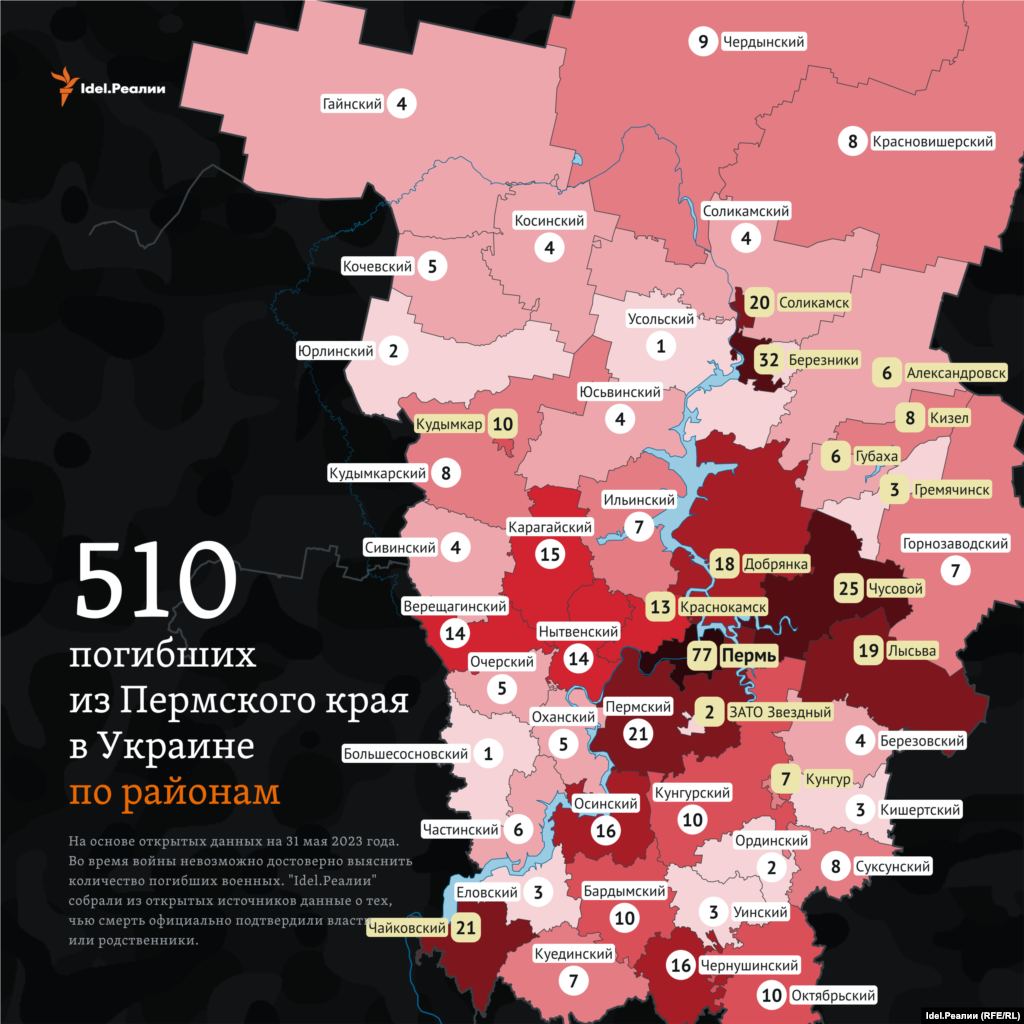 Большинство погибших пермяков было из столицы региона &mdash; Перми, еще 32 &mdash; из Березников, 25 &mdash; из Часового, по 21 человеку &mdash; из Чайковского и Пермского района.