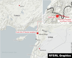 Карта с указанием маршрута полета Су-24 и места его падения, соответствующая версии Турции
